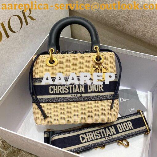 Replica Lady Dior Medium Bag Natural Wicker and Blue Dior Oblique Jacq