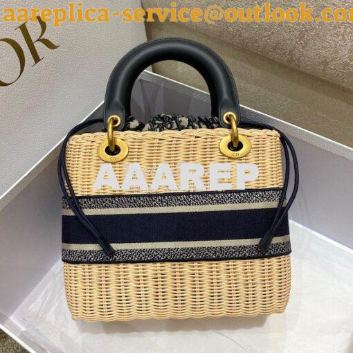 Replica Lady Dior Medium Bag Natural Wicker and Blue Dior Oblique Jacq 6