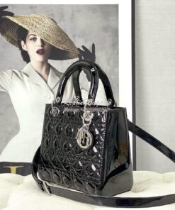 Replica Dior Small Lady Dior Bag Cannage Patent Calfskin M0531 Black w 2