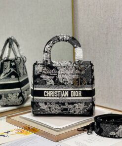 Replica Dior Medium Lady D-Lite Bag Black Toile de Jouy Zodiac Embroid