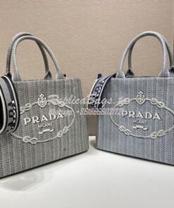 Replica Prada Medium Logo Ricamo Jacquard Tote 1BA342 Blue