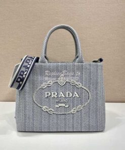 Replica Prada Medium Logo Ricamo Jacquard Tote 1BA342 Blue 2