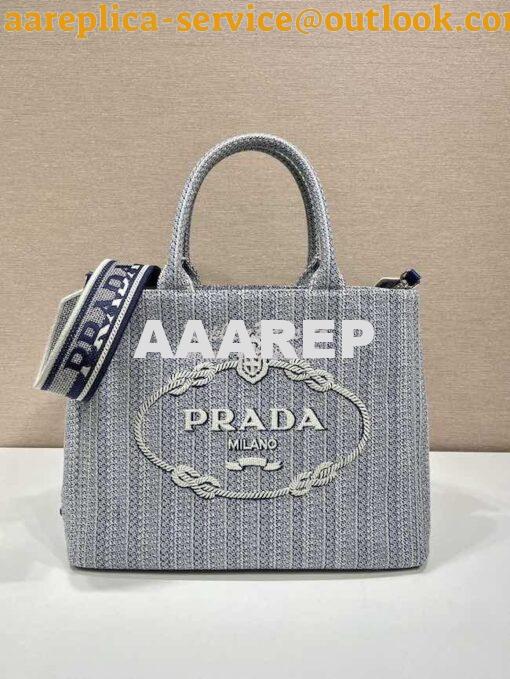 Replica Prada Medium Logo Ricamo Jacquard Tote 1BA342 Blue 2