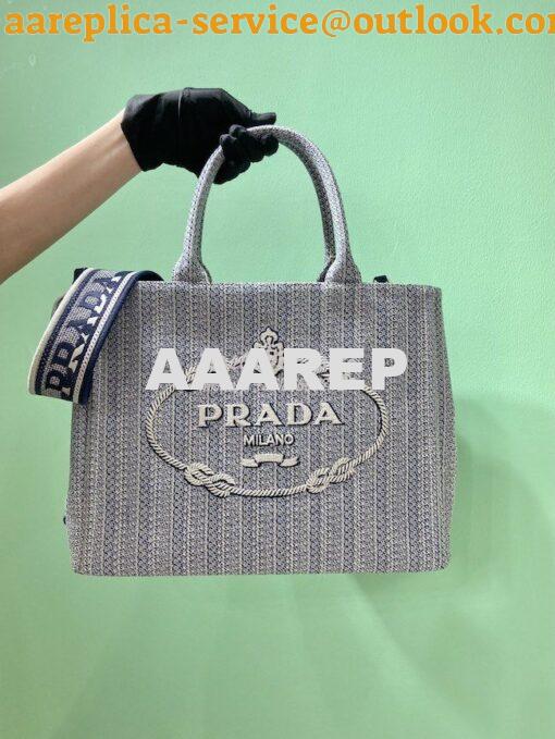 Replica Prada Medium Logo Ricamo Jacquard Tote 1BA342 Blue 3