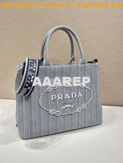 Replica Prada Medium Logo Ricamo Jacquard Tote 1BA342 Blue 4