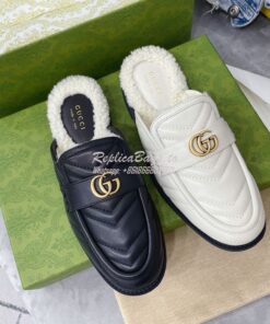 Replica Gucci Aria Slipper With Double G 670400 Black Chevron Matelass