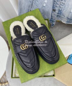 Replica Gucci Aria Slipper With Double G 670400 Black Chevron Matelass 2