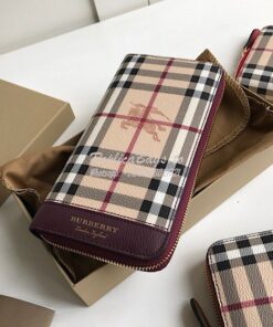 Replica Burberry Leather Trim Haymarket Zip Around Wallet 887038 Wine