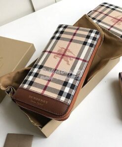 Replica Burberry Leather Trim Haymarket Zip Around Wallet 887038 Brown 2