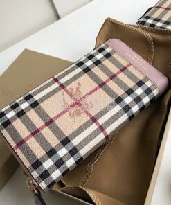 Replica Burberry Leather Trim Haymarket Zip Around Wallet 887038 Rose 2