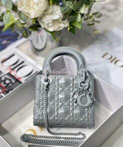 Replica Dior Mini Lady Dior Stone Grey Cannage Calfskin with Diamond M 2