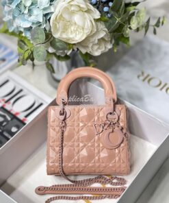 Replica Dior Mini Lady Dior Rose Des Vents Cannage Calfskin with Diamo