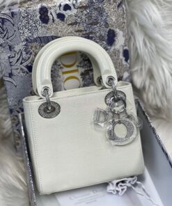 Replica Dior Lizard Leather Mini Lady Dior Bag with Crystals in White