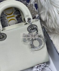 Replica Dior Lizard Leather Mini Lady Dior Bag with Crystals in White 2