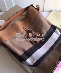 Replica Burberry Ashby Medium Canvas Check & brown Leather Bucket Bag