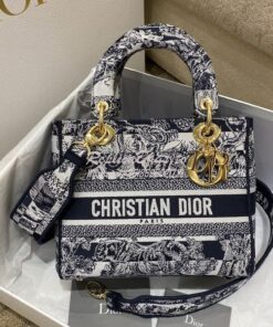 Replica Dior Medium Lady D-Lite Bag Navy Blue Toile de Jouy Stripes Em