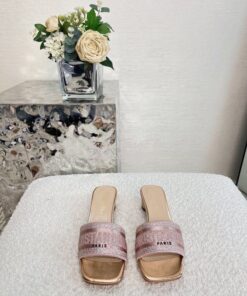 Replica Dior DWAY Heeled Slide Rose Des Vents Cotton Embroidered With 2