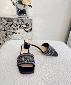 Replica Dior DWAY Heeled Slide Black Cotton Embroidered With Metallic 2