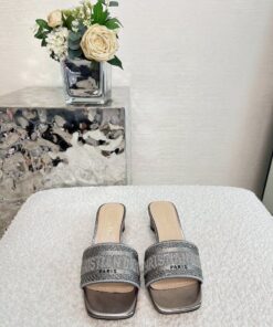 Replica Dior DWAY Heeled Slide Silver Cotton Embroidered With Metallic