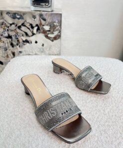 Replica Dior DWAY Heeled Slide Silver Cotton Embroidered With Metallic 2