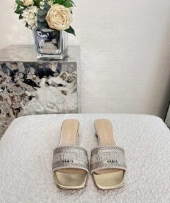 Replica Dior DWAY Heeled Slide Gold Cotton Embroidered With Metallic T