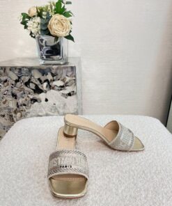 Replica Dior DWAY Heeled Slide Gold Cotton Embroidered With Metallic T 2