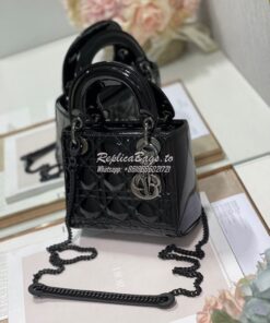 Replica Dior Quilted Black Patent Calfskin Leather Mini Lady Dior Bag 2