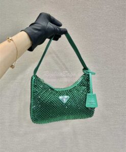 Replica Prada Satin Mini Hobo Bag with Artificial Crystals 1NE515 Gree