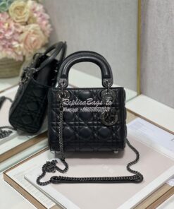 Replica Dior Quilted Black Lambskin Leather Mini Lady Dior Bag with Ru