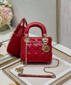 Replica Dior Quilted Cherry Red Lambskin Leather Mini Lady Dior Bag