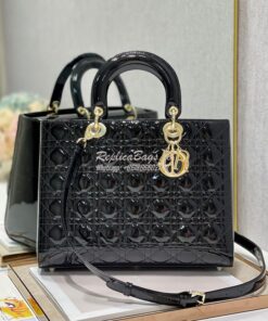 Replica Dior Large Flap Cover Lady Dior Bag in Black Patent Cannage Ca