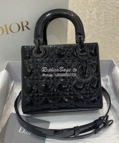 Replica Dior Medium Lady Dior Black Ultraglossy Patent Cannage Calfski