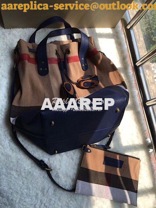 Replica Burberry Canvas Check and Leather Bucket Bag Blue 4