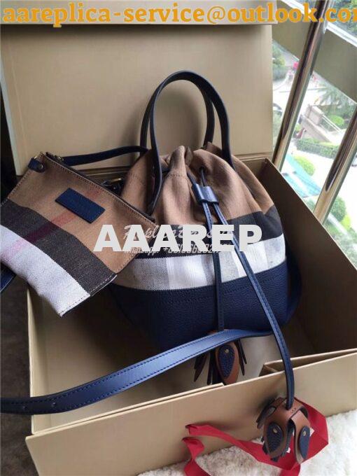 Replica Burberry Canvas Check and Leather Bucket Bag Blue 10