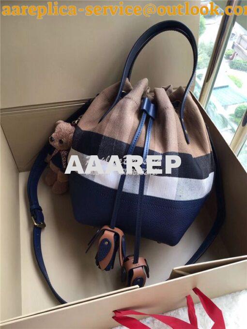 Replica Burberry Canvas Check and Leather Bucket Bag Blue 11