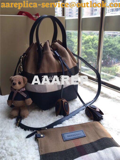 Replica Burberry Canvas Check and Leather Bucket Bag Blue 12