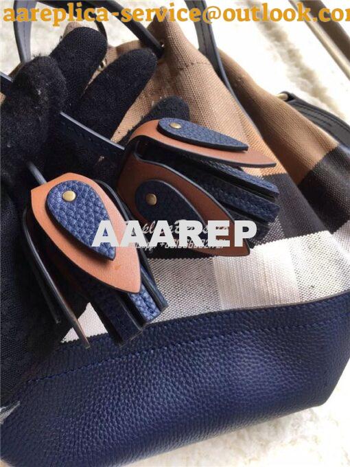 Replica Burberry Canvas Check and Leather Bucket Bag Blue 13