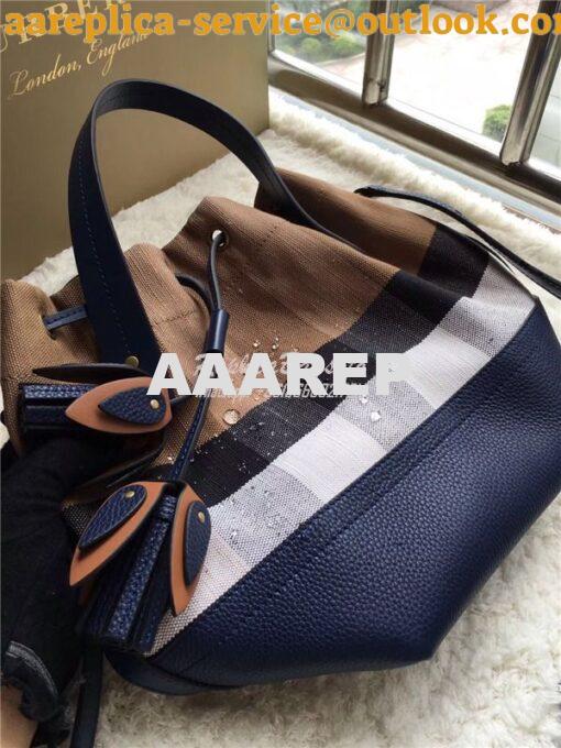 Replica Burberry Canvas Check and Leather Bucket Bag Blue 15