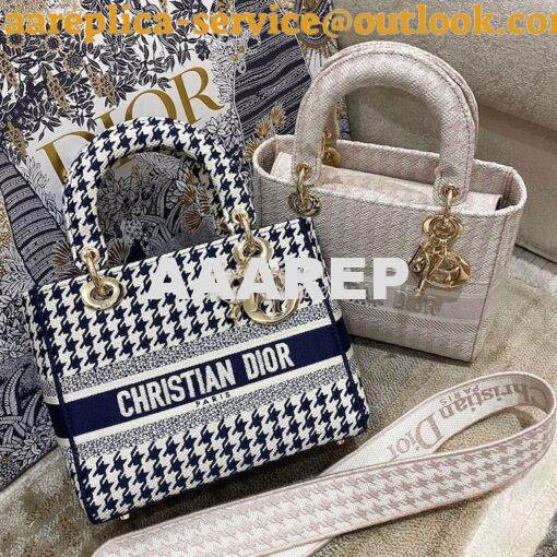 Replica Dior Medium Lady D-Lite Bag Blue White Houndstooth Embroidery