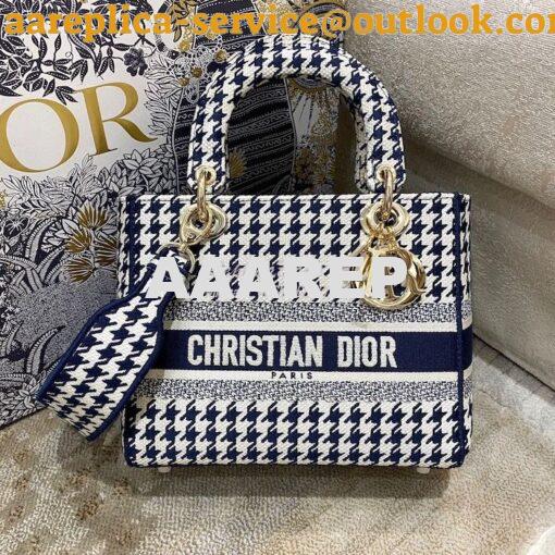 Replica Dior Medium Lady D-Lite Bag Blue White Houndstooth Embroidery 2