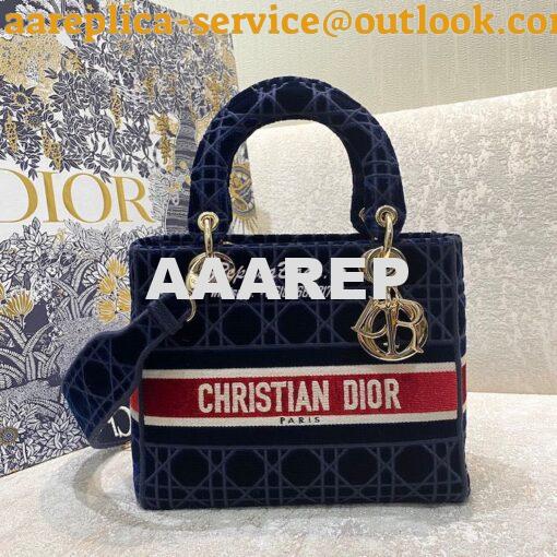 Replica Dior Medium Lady D-Lite Bag Blue Velvet Cannage Embroidery M05