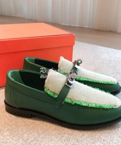 Replica Hermes Destin Loafer Calfskin and Fringed Canvas H231065Z Vert