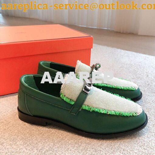 Replica Hermes Destin Loafer Calfskin and Fringed Canvas H231065Z Vert