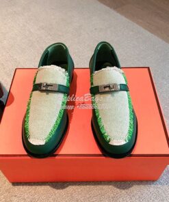 Replica Hermes Destin Loafer Calfskin and Fringed Canvas H231065Z Vert 2