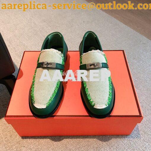 Replica Hermes Destin Loafer Calfskin and Fringed Canvas H231065Z Vert 2