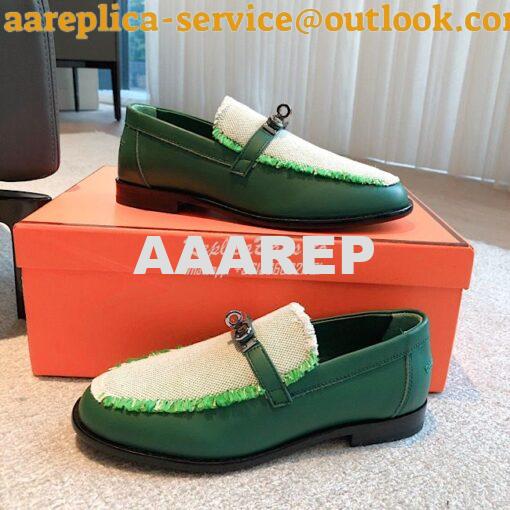 Replica Hermes Destin Loafer Calfskin and Fringed Canvas H231065Z Vert 3