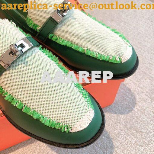 Replica Hermes Destin Loafer Calfskin and Fringed Canvas H231065Z Vert 5