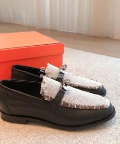 Replica Hermes Destin Loafer Calfskin and Fringed Canvas H231065Z Blac