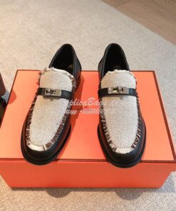 Replica Hermes Destin Loafer Calfskin and Fringed Canvas H231065Z Blac 2