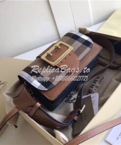 Replica Burberry The Small Buckle Bag in House Check and Brown Leather